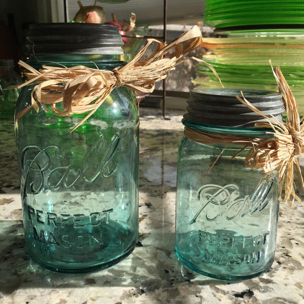 Vintage set of Mason Ball Perfect Quart and Pint size Mason Jars in the antique Aqua color for your Farm Wedding/Barn Wedding Shower Storage