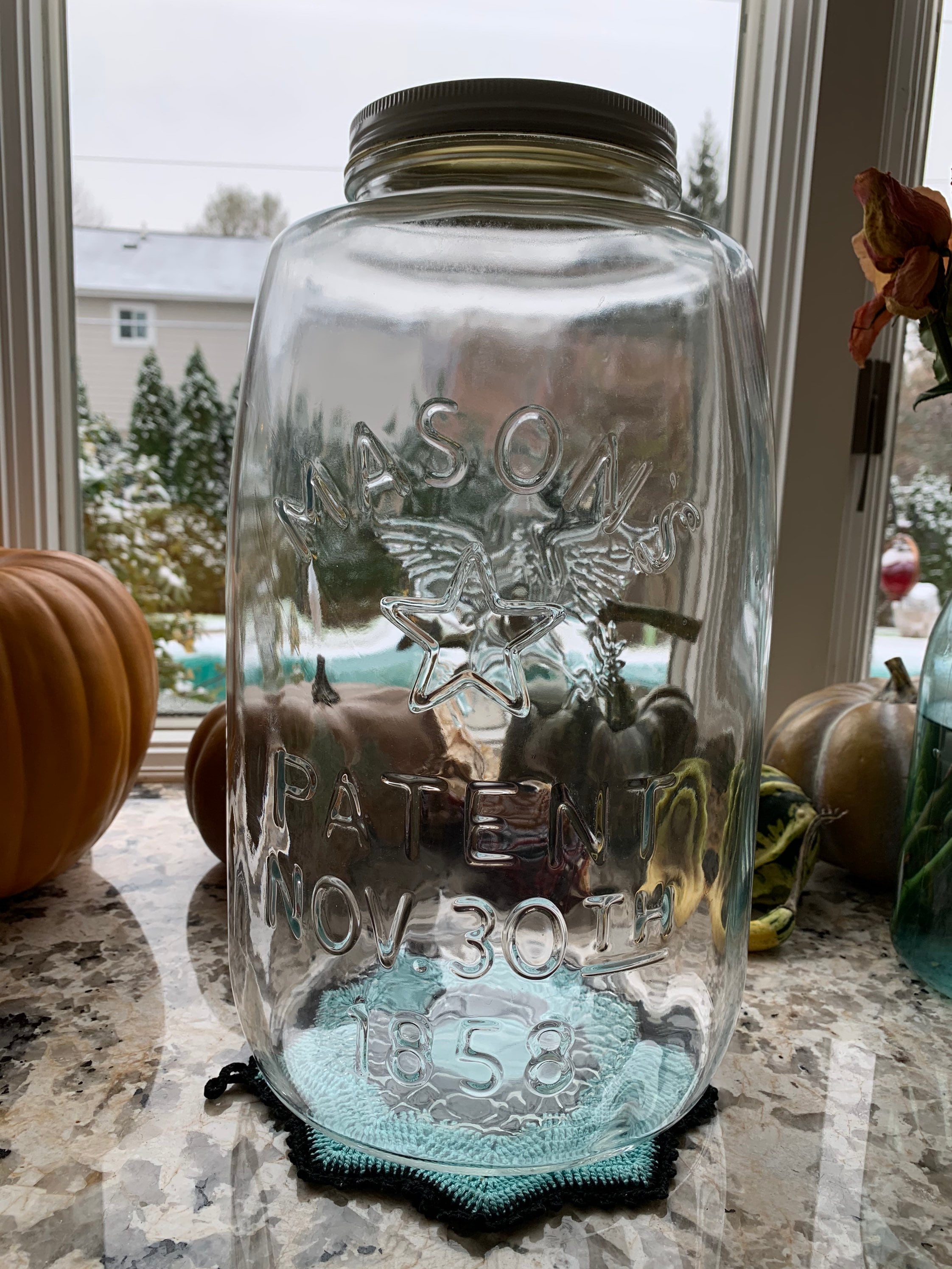 Large Vintage Mason Jar Made by Gem Screw Top With Glass Cap 