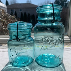 Set of Vintage Ball Ideal Jar Pint and Quart Glass Aqua Wire Bail Jars in GREAT Condition for your Gift Giving Ships FAST! Storage Fun!