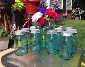 Vintage Blue Ball Mason Jars: Set of 12, Farmhouse Wedding Decor