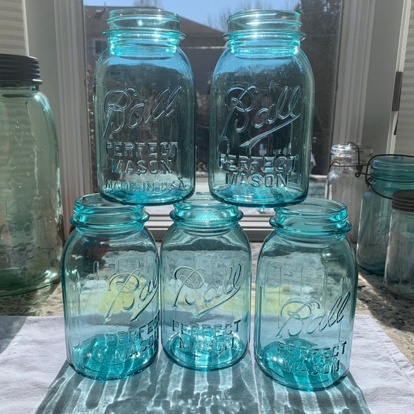 Five Gripper Vintage Aqua Blue Mason Jars Quart Sized Ball Perfect with Gripper Ribs in Excellent Vintage Condition without Lids. Ships FAST