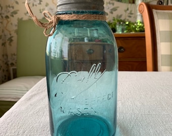Vintage Ball Blue Half Gallon Mason Jar: Wedding Vase Decor