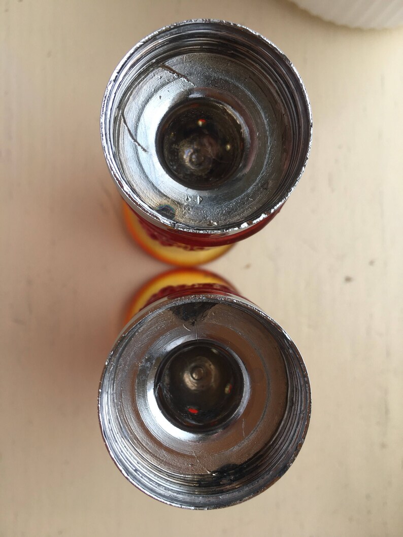 Excellent Vintage Condition Amber Footed Salt and Pepper Shakers with grape adornments for your mid-century Vintage kitchen or Bridal Shower