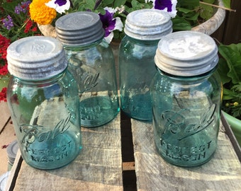 Set of Four Quarts Vintage Blue Glass Mason Jars-Something Old/Something BLUE-Wedding Vases/Home Decor/Centerpiece/Vintage kitchen/Farm/Barn
