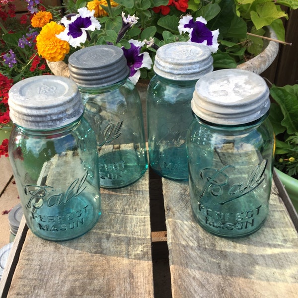 Set of Four Quarts Vintage Blue Glass Mason Jars-Something Old/Something BLUE-Wedding Vases/Home Decor/Centerpiece/Vintage kitchen/Farm/Barn