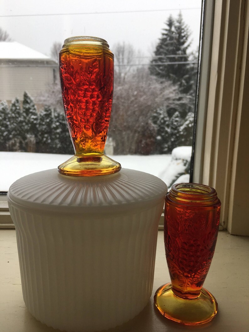 Excellent Vintage Condition Amber Footed Salt and Pepper Shakers with grape adornments for your mid-century Vintage kitchen or Bridal Shower