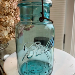 Vintage Ball Ideal Jar Quart Glass Aqua Wire Bale Jar in for your Gift Giving Ships FAST! Mason Jar Storage!