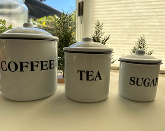 WHITE and BLACK trimmed Coffee Tea Sugar Farmhouse Enamelware Canister Set Distressed Style NEW for your Farmhouse Kitchen! Ships Fast!