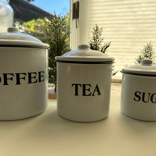 WHITE and BLACK trimmed Coffee Tea Sugar Farmhouse Enamelware Canister Set Distressed Style NEW for your Farmhouse Kitchen! Ships Fast!