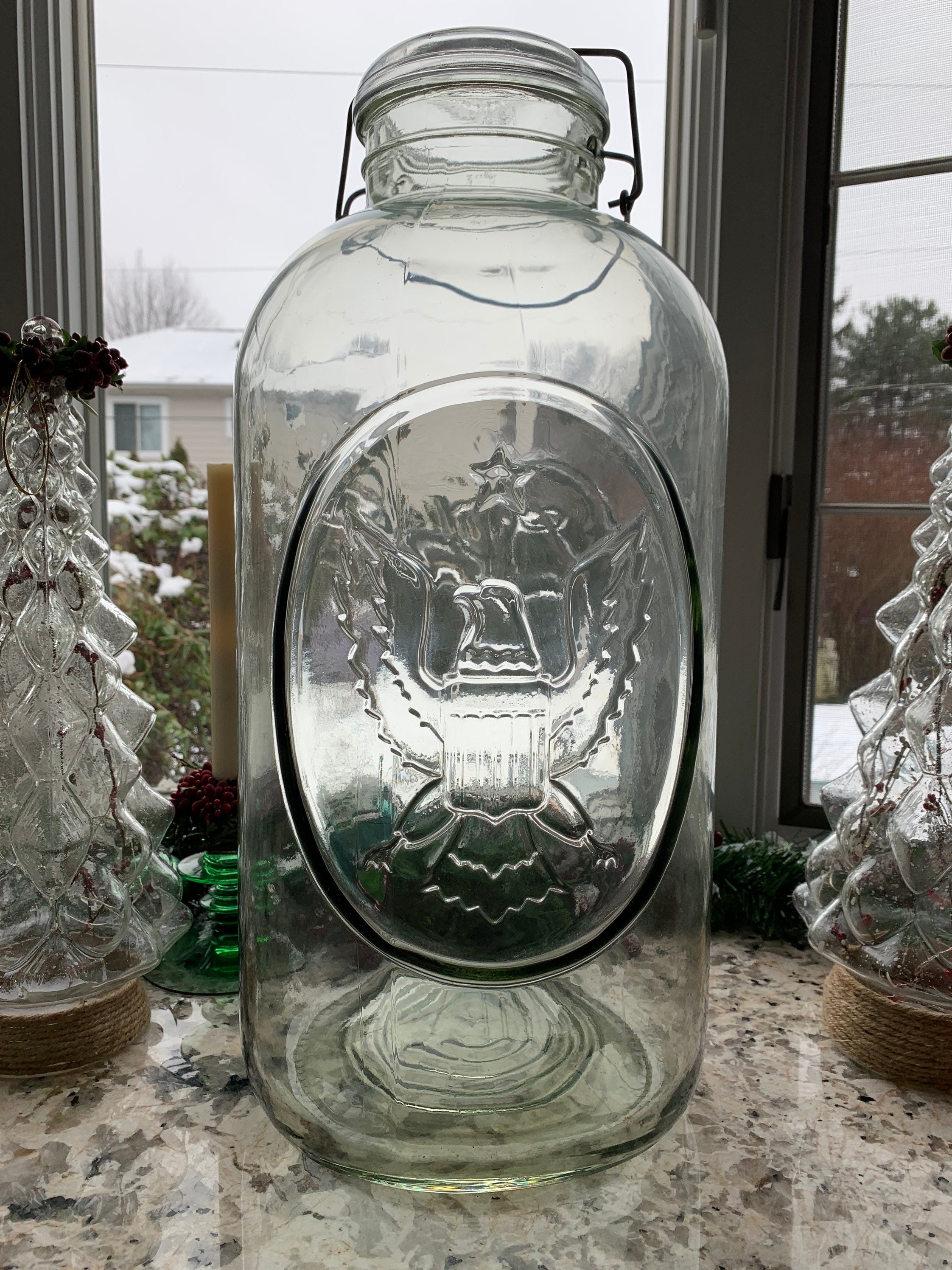 Vintage GIANT Pickle Jar With Lid Mason's Patent Nov 30TH  1858~Star~Eagle~Handle
