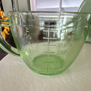 UNIQUE and RARE Green Uranium -Vintage Glass Two Cup Measuring Cup  - Raised Numbers and Letters with Cup and OZ -Medallion Botton Must See!