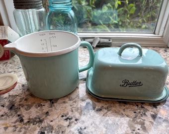 Martha Stewart Enamel Measuring Cup:  4-Cup - Measuring and Mixing CUP! Enamelware Turquoise Butter Dish-  Vintage Like -