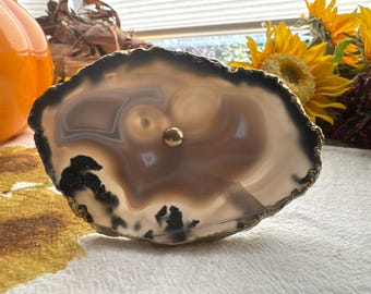 Agate Stone Drawer Pull with Gold Tone Edging (4.25 x 3 Inches)