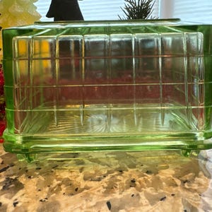 Vintage GREEN Uranium Glass BUTTER DISH Vaseline Depression Butter Top and Butter Bottom Green Depression Glass Ships Fast!