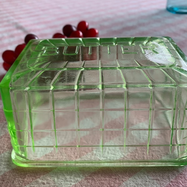 Vintage Vaseline/Uranium Glass Butter Dish Top COVER GLASS Dish TOP only / Great Excellent Vintage Shape for Your Farm Kitchen Gift for Mom!