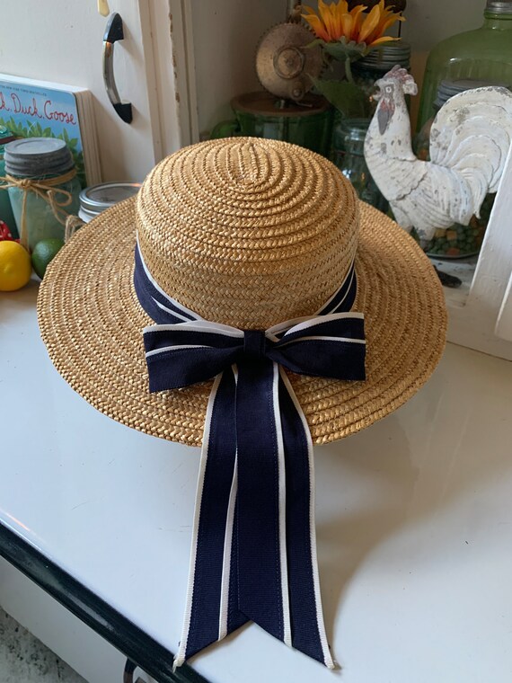 Laura Ashley CLASSIC Vintage STRAW HAT Navy/ White