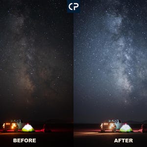 May include: A comparison of two images showing the Milky Way galaxy. The image on the left is before editing, and the image on the right is after editing. The image on the right has been brightened and the colors have been enhanced. Both images show a white pickup truck and a green tent in the foreground.