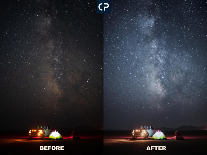 May include: A comparison of two images showing the Milky Way galaxy. The image on the left is before editing, and the image on the right is after editing. The image on the right has been brightened and the colors have been enhanced. Both images show a white pickup truck and a green tent in the foreground.