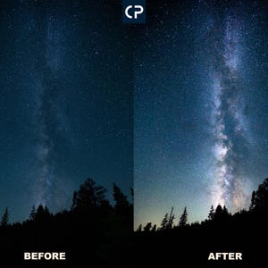 May include: A night sky with a bright band of the Milky Way galaxy visible above a dark silhouette of trees.