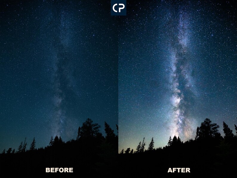 May include: A night sky with a bright band of the Milky Way galaxy visible above a dark silhouette of trees.