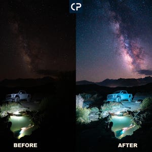 May include: A comparison of two images showing a white pickup truck parked in front of a body of water under a night sky with the Milky Way galaxy visible. The image on the left is darker and the image on the right is brighter, showing the Milky Way galaxy more clearly.