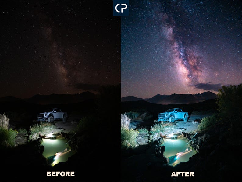 May include: A comparison of two images showing a white pickup truck parked in front of a body of water under a night sky with the Milky Way galaxy visible. The image on the left is darker and the image on the right is brighter, showing the Milky Way galaxy more clearly.