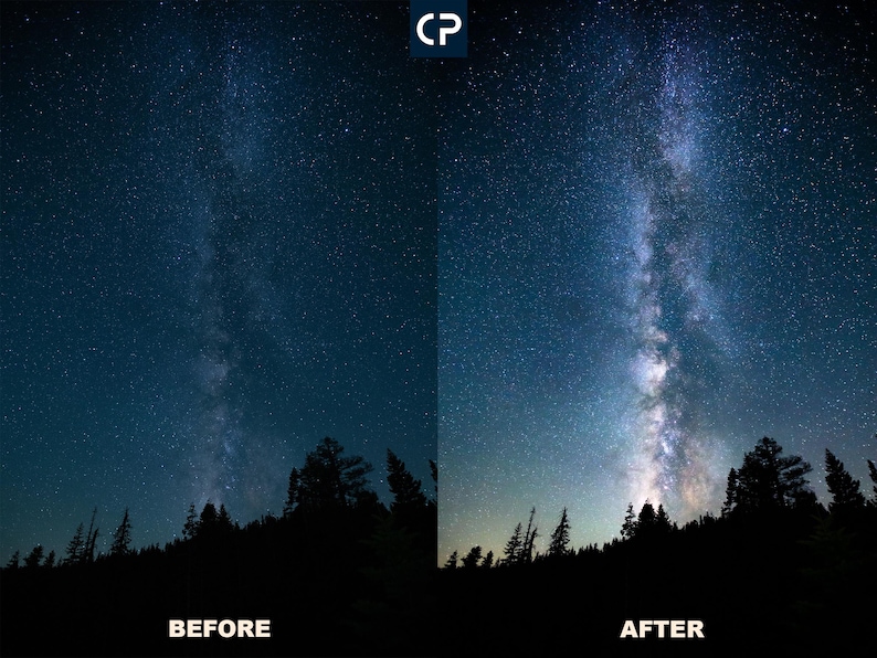 May include: A night sky with a bright band of the Milky Way galaxy visible above a dark silhouette of trees.