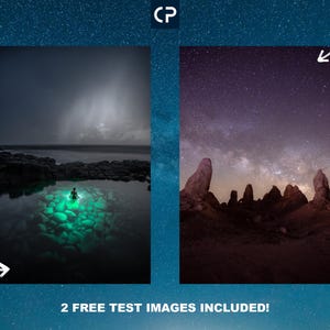 May include: Two night sky images. The first image shows a person swimming in a pool of glowing green water under a dark sky with stars. The second image shows a rocky landscape with tall rock formations under a dark sky with stars and the Milky Way.