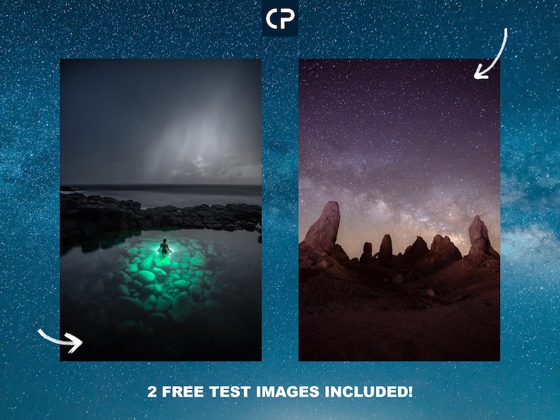 May include: Two night sky images. The first image shows a person swimming in a pool of glowing green water under a dark sky with stars. The second image shows a rocky landscape with tall rock formations under a dark sky with stars and the Milky Way.
