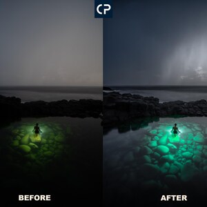 May include: A before and after image showing a person standing in a small pool of water illuminated by a green light. The before image is dark and the after image has a brighter sky and more light in the pool.