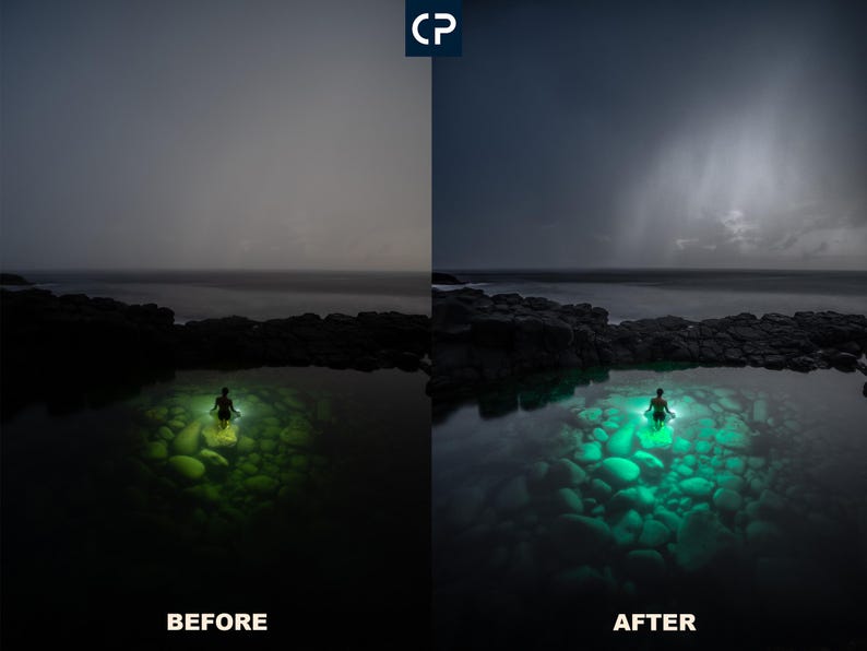 May include: A before and after image showing a person standing in a small pool of water illuminated by a green light. The before image is dark and the after image has a brighter sky and more light in the pool.