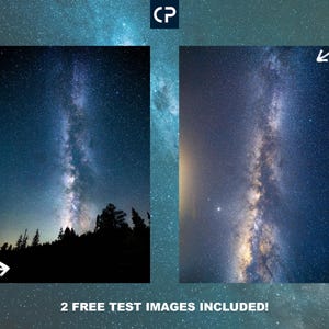 May include: Two images of a night sky with the Milky Way galaxy visible. The first image shows the Milky Way over a dark silhouette of trees. The second image shows the Milky Way in a lighter blue sky.
