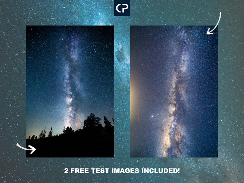 May include: Two images of a night sky with the Milky Way galaxy visible. The first image shows the Milky Way over a dark silhouette of trees. The second image shows the Milky Way in a lighter blue sky.