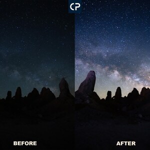 May include: A before and after image showing the difference in the visibility of the Milky Way in the night sky. The image on the left shows a dark sky with faint stars, while the image on the right shows a bright Milky Way with many stars.