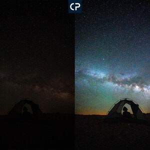 May include: A dark silhouette of a tent with a person inside, set against a backdrop of a starry night sky with the Milky Way visible.