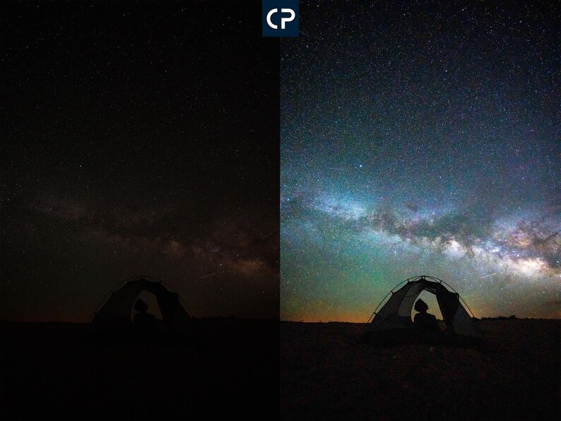 May include: A dark silhouette of a tent with a person inside, set against a backdrop of a starry night sky with the Milky Way visible.