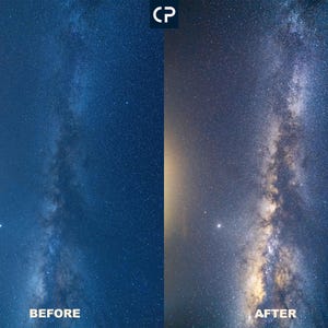 May include: A comparison of two images showing the Milky Way galaxy. The image on the left is before editing, showing a dark blue sky with a faint Milky Way. The image on the right is after editing, showing a brighter Milky Way with more detail and a lighter blue sky.
