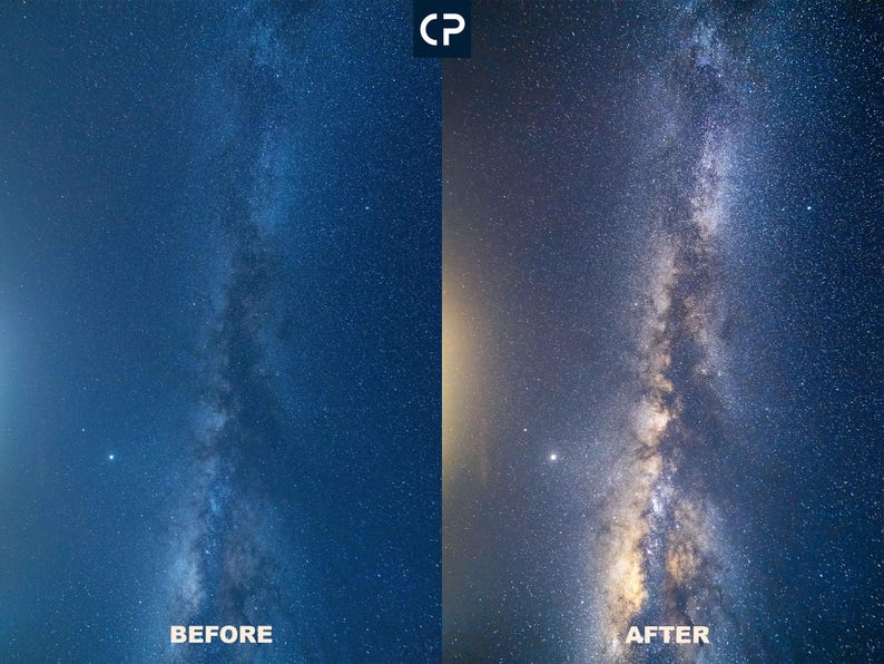 May include: A comparison of two images showing the Milky Way galaxy. The image on the left is before editing, showing a dark blue sky with a faint Milky Way. The image on the right is after editing, showing a brighter Milky Way with more detail and a lighter blue sky.