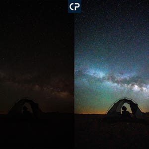 May include: A dark silhouette of a tent with a person inside, set against a backdrop of a starry night sky with the Milky Way visible.
