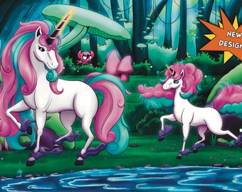 Lisa Frank Inspired Galarian Ponyta and Rapidash Pokemon TCG Playmat