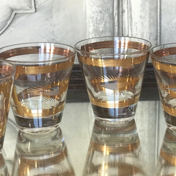5 Mid Century Gold Shot Glasses / Fred Press Double Shot Glasses / Set of Five Atomic Sunburst/ T’ ang Horse Vintage Barware