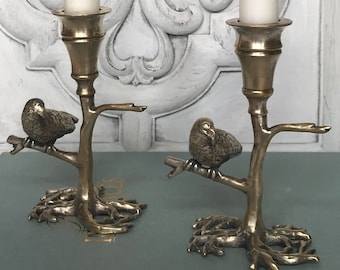 Vintage Brass Bird Candlesticks / Brass Candlesticks / Brass Candlestick Holders / Bird on Branch