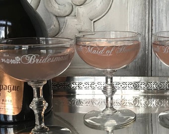 Vintage Wedding Party Champagne Glasses  / Head Table Toasting Glasses / Champagne Coupes / Maid of Honor Best Man Bridesmaid Groomsman