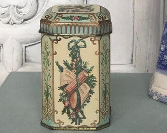 Small Vintage Tin Canister / Decorative Tin Canister With Sheet Music and Instrument / Meister Tin With Lid