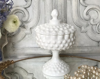 Hobnail Milk Glass Covered Dish / Fenton  American Hobnail Candy Dish / Covered Pedestal Dish / Vintage Milk Glass Covered Compote