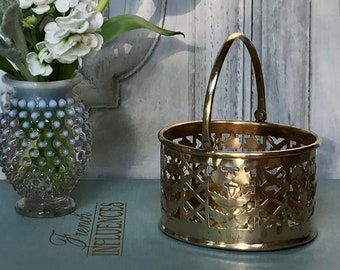 Vintage Oval Brass Basket / Brass Basket With Cutouts / Vintage Brass Basket