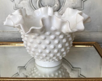 Milk Glass Compote / Fenton Hobnail Compote / Footed Crimped Ruffle Edge Compote