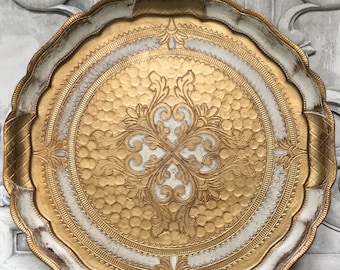 Italy Cream Orange and Gold Florentine RingJewelry tray Lovely Vintage Florentine ring tray made in Italy Vintage ORNATE Round ring dish