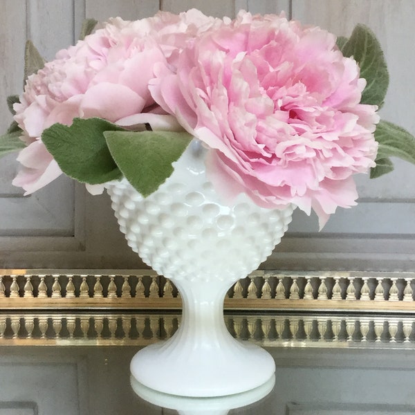 Milk Glass Compote Candleholder / Fenton Milk Glass Hobnail  Compote / Footed Crimped Ruffle Edge Compote