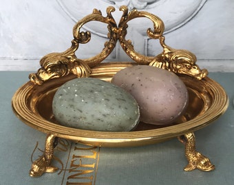 Hollywood Regency Soap Dish / Ornate Gold Metal Soap Dish / Sea Serpent Soap Dish